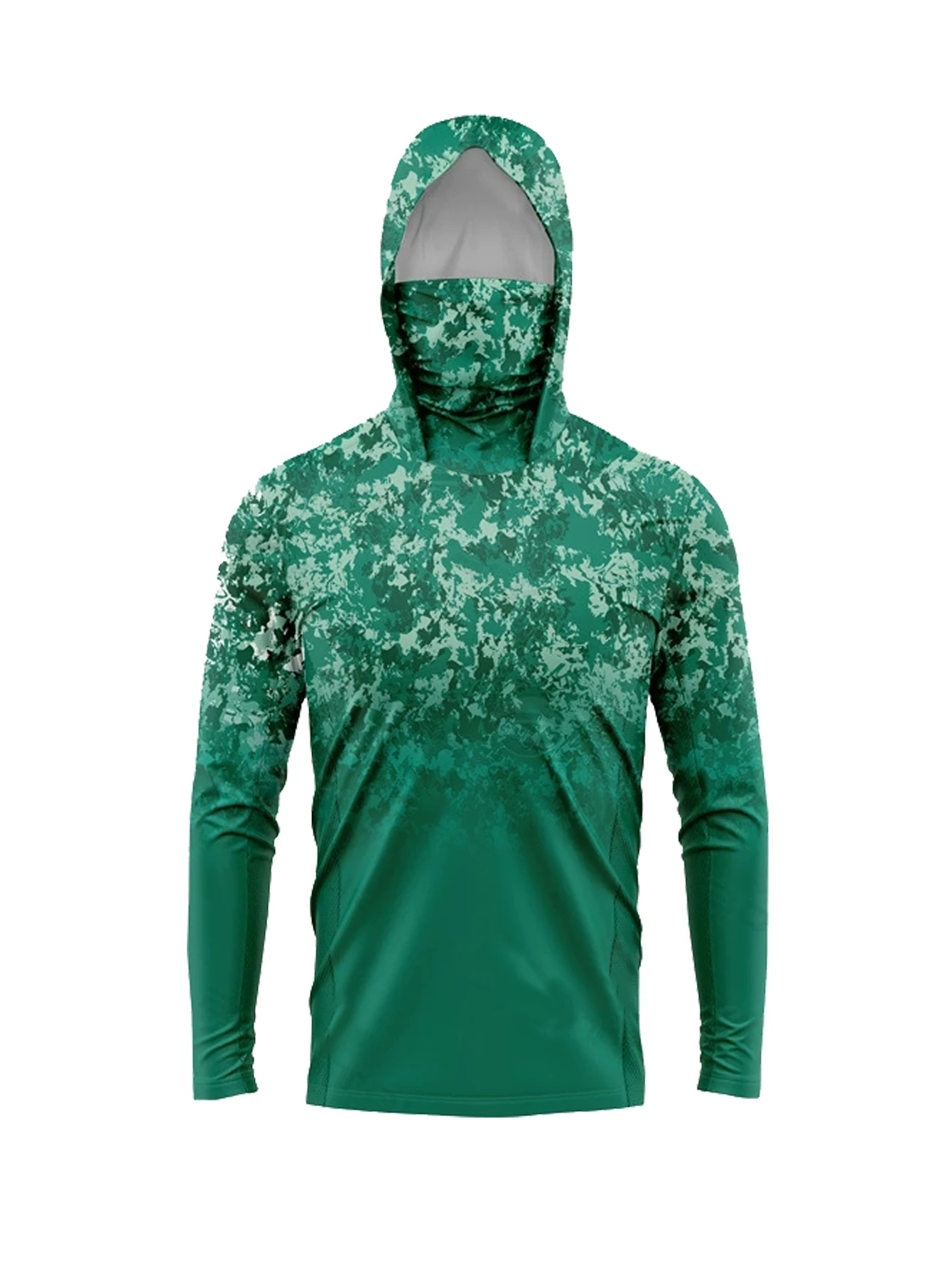 Fishing Hoodie - เสื้อฮู้ดดี้กันแดดสำหรับผู้ชาย UPF50+ พร้อมหน้ากากปิดหน้า ลายพรางดิจิตอลสีเขียว แห้งเร็ว ป้องกันรังสียูวี